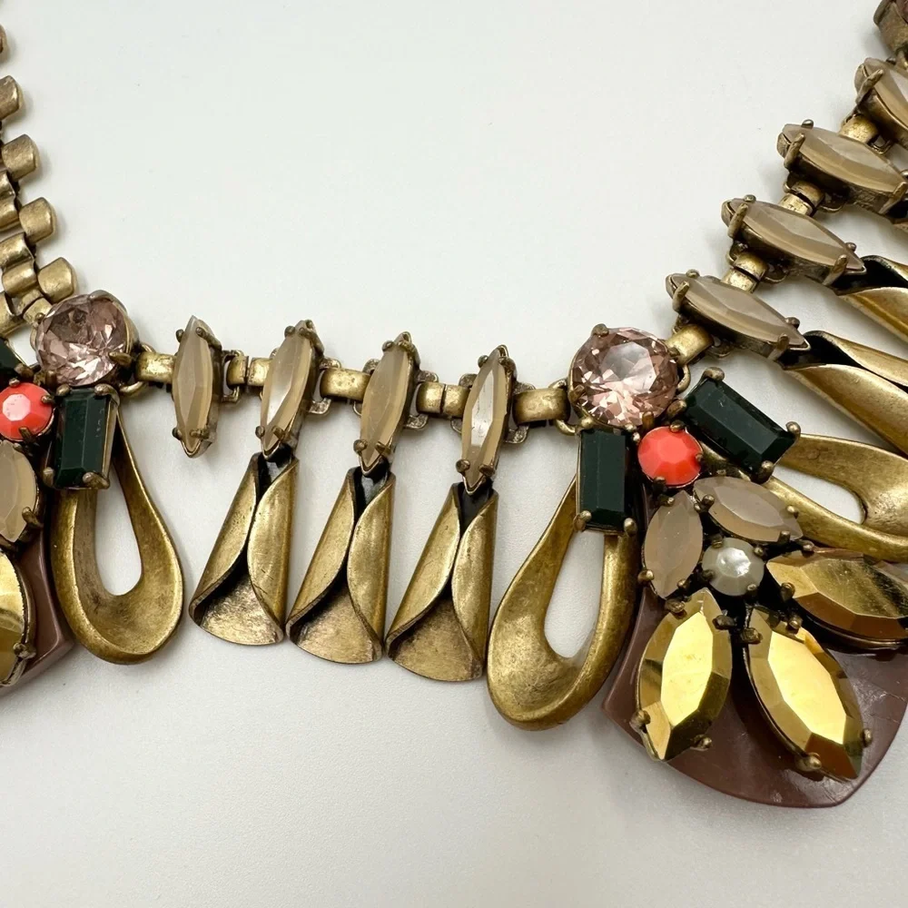J. Crew Mixed Media Necklace Geometric Bee Antique Brass Crystal Taupe Peach